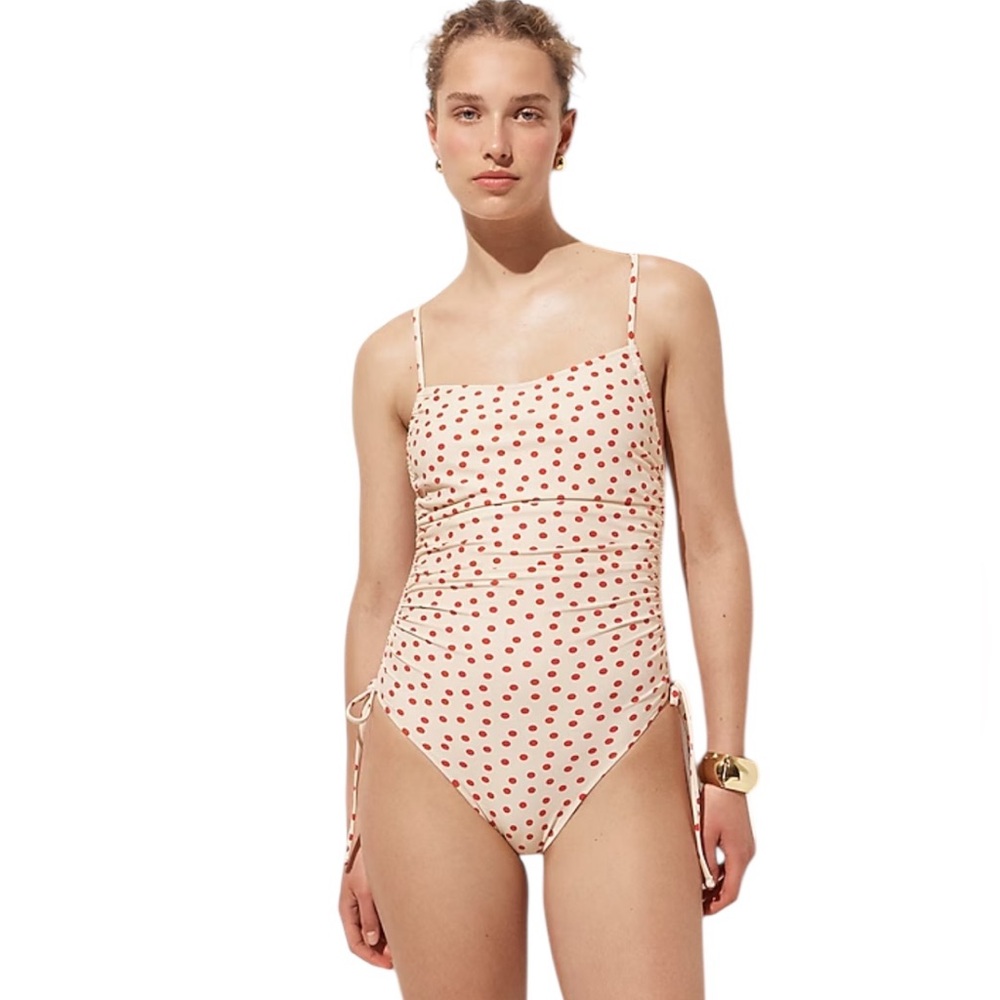 NEW J. CREW Ruched one-piece swimsuit with side ties in red dot print Size 10